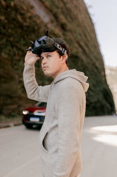 A young man explores a scenic outdoor location while wearing VR goggles, embodying modern adventure.