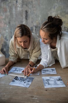 Two women collaborating over black and white prints on a rustic table.