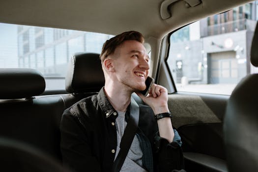 Smiling young man enjoying a phone call while seated in the back seat of a car during a daytime ride.